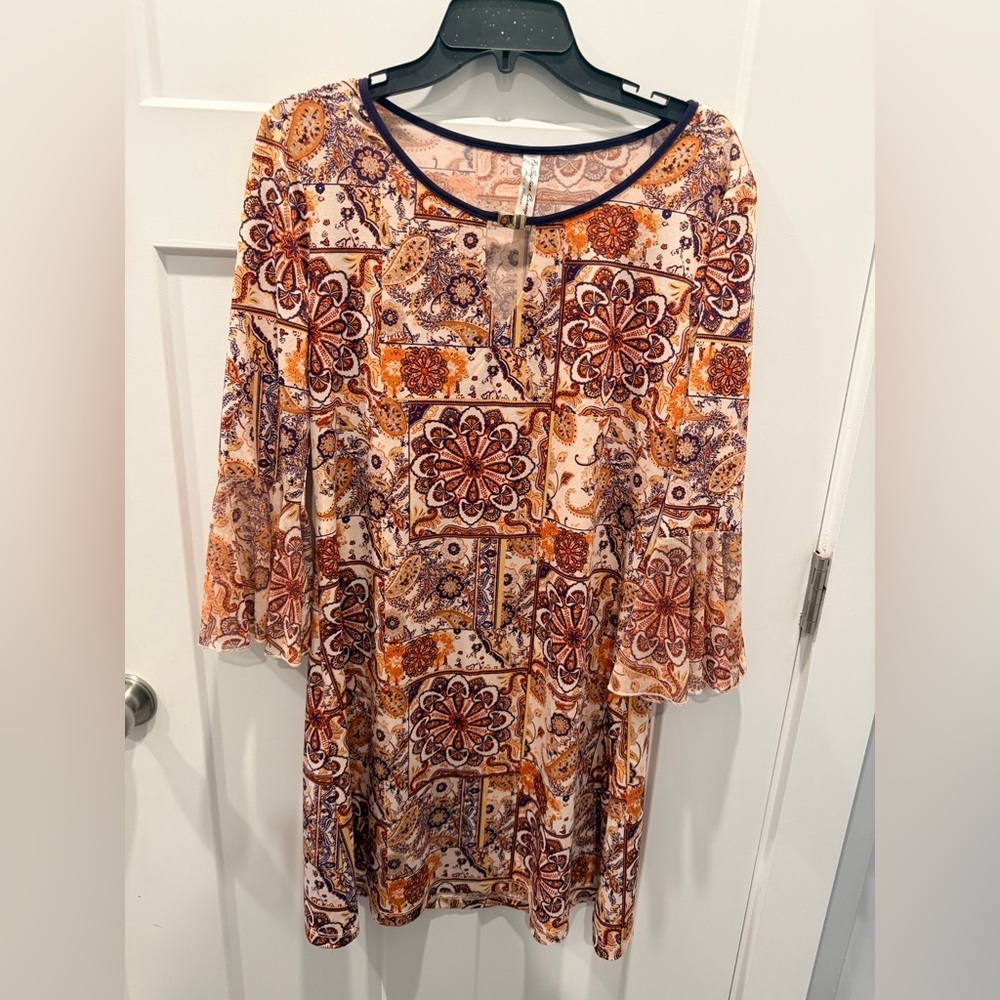 PerSeption Concept Large Boho Paisley Tunic Dress Bell Sleeve Flowy Top